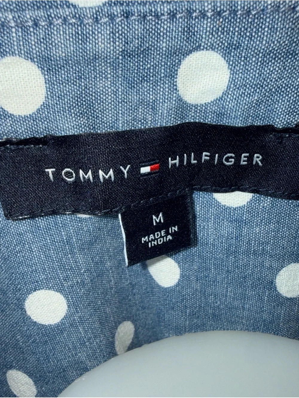 Tommy Hilfiger Shirt M Blue Polka Dot 3/4 Roll Tab Sleeve Button Down *READ - Picture 6 of 10